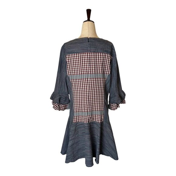 Badgley Mischka Dress Women 14 Blue Red Stripe Plaid Day Dress Mini Prairiecore‎ - Picture 3 of 12